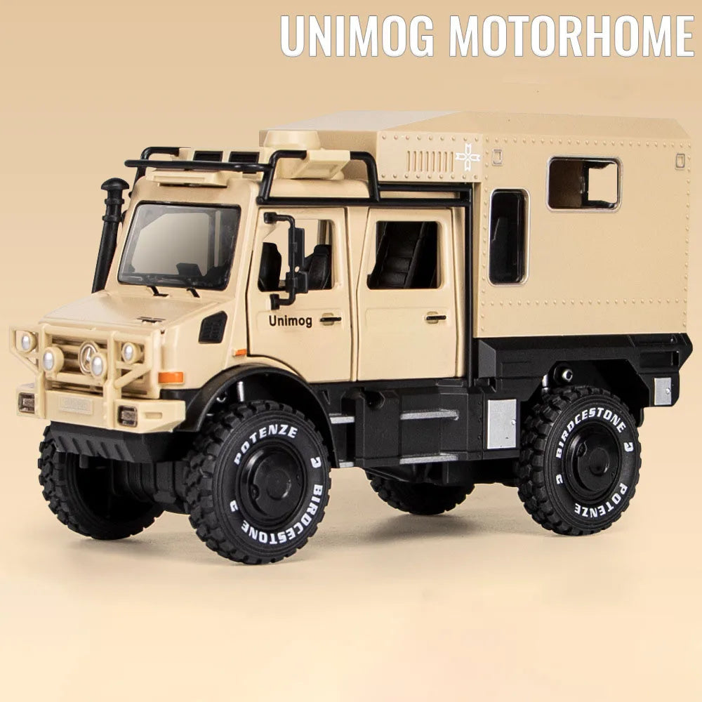 1:28 Scale X-Class 6x6 UNIMOG Motorhome Camping Car Model Toy Shock Absorption Sound Light Pull Back Off-road Vehicles Boys Gift