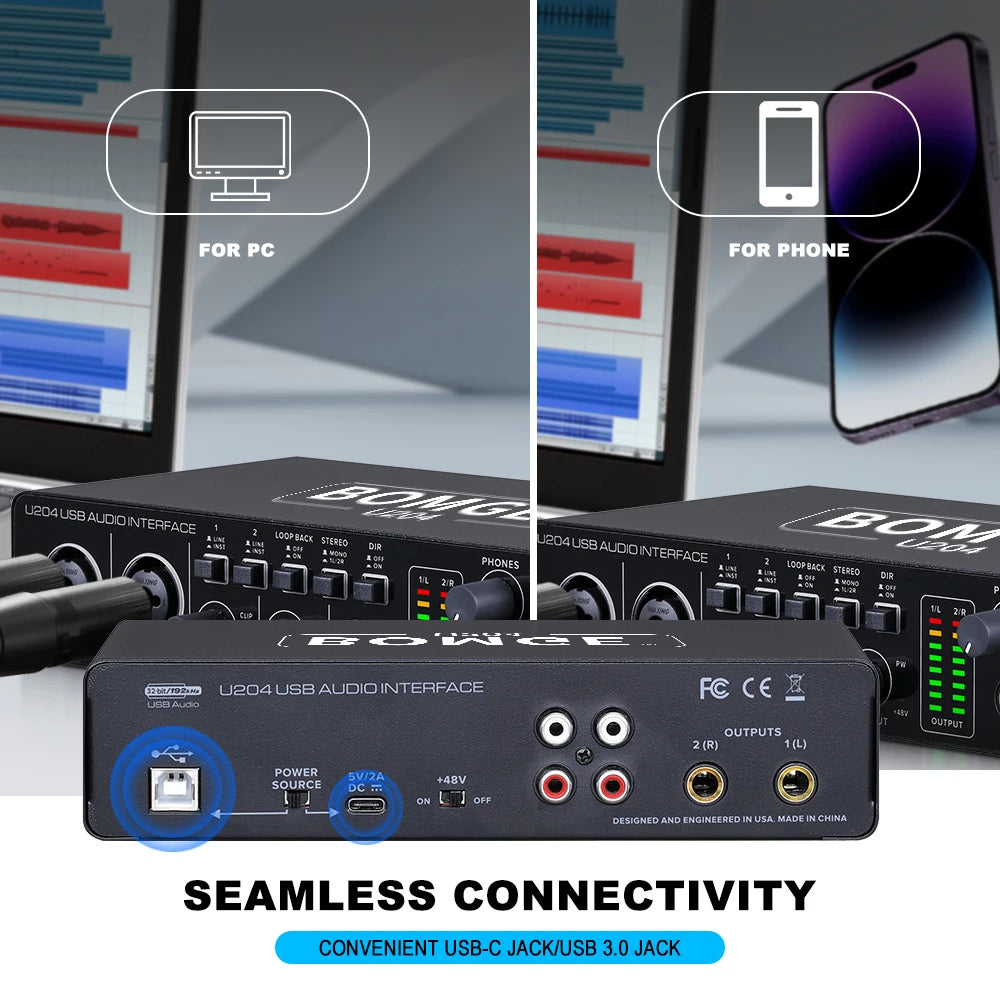 U204 USB Audio Interface with 32 Bit 192kHz Recording and 48V Phantom Power