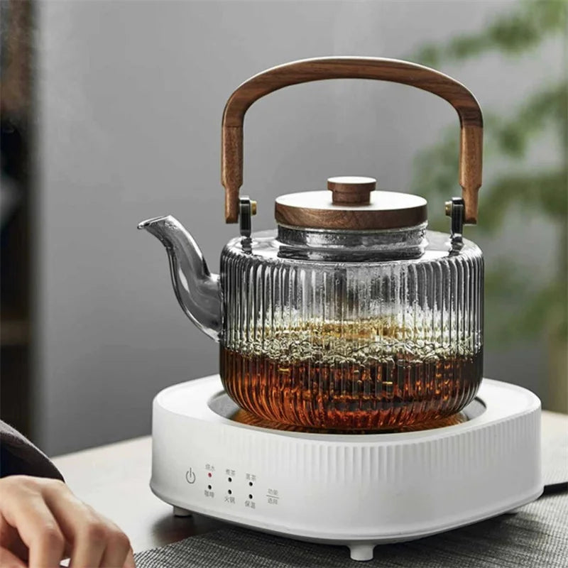 Large Capacity 1300ml Stripe Pattern Glass Teapot with Wooden Beam Handle