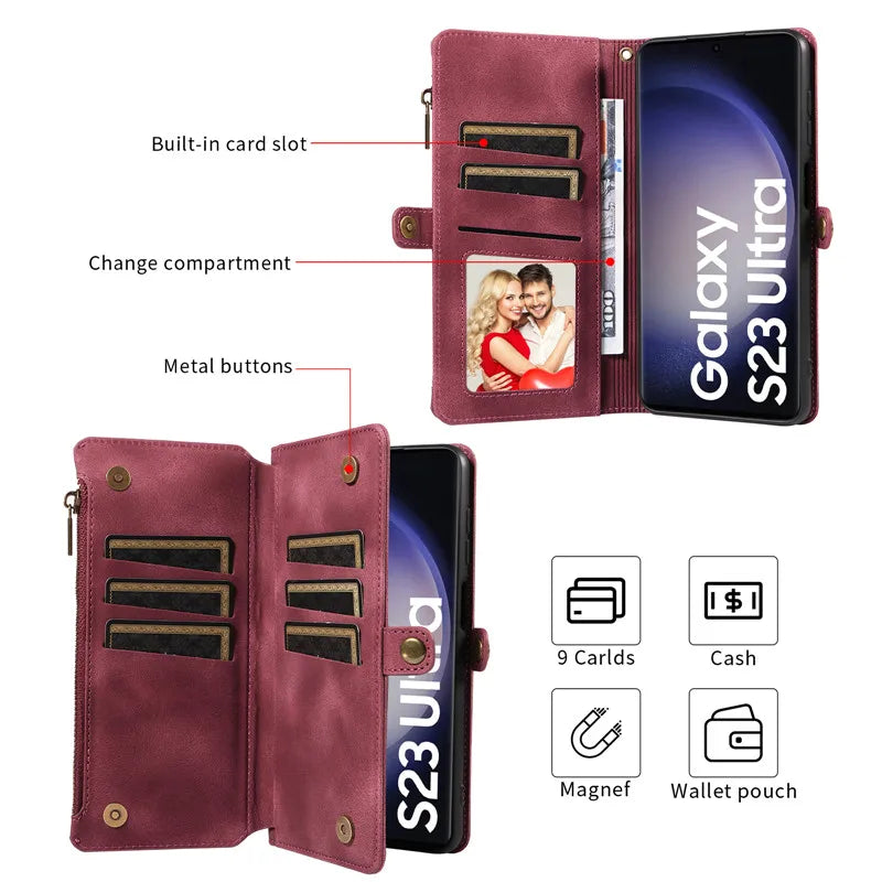 Luxury Leather Flip Wallet Case with Lanyard for Samsung Galaxy S26 / S25 / S24 / S23 Ultra & Plus – Magnetic Full Coverage Phone Bag Cover