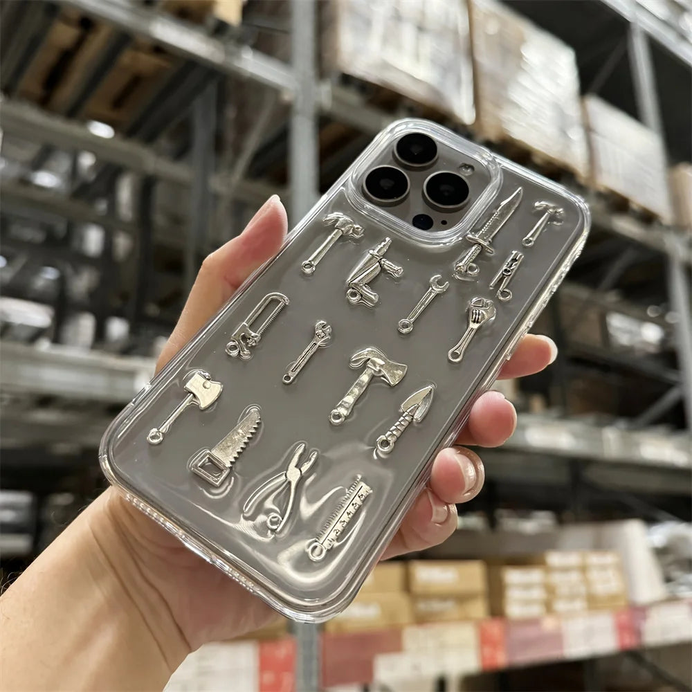 3D Tool Creative Handmade Fork Knife Clear Phone Case For iPhone 16 15 13 14 Pro Max Drip Glue Soft Silicone Back Cover