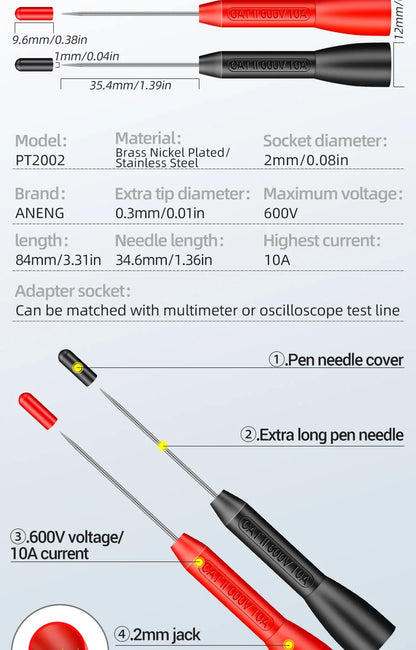 Insulation Piercing Needle 1mm Pin Non Destructive Multimeter Test Probe 10A 600V For 2mm Test Lead