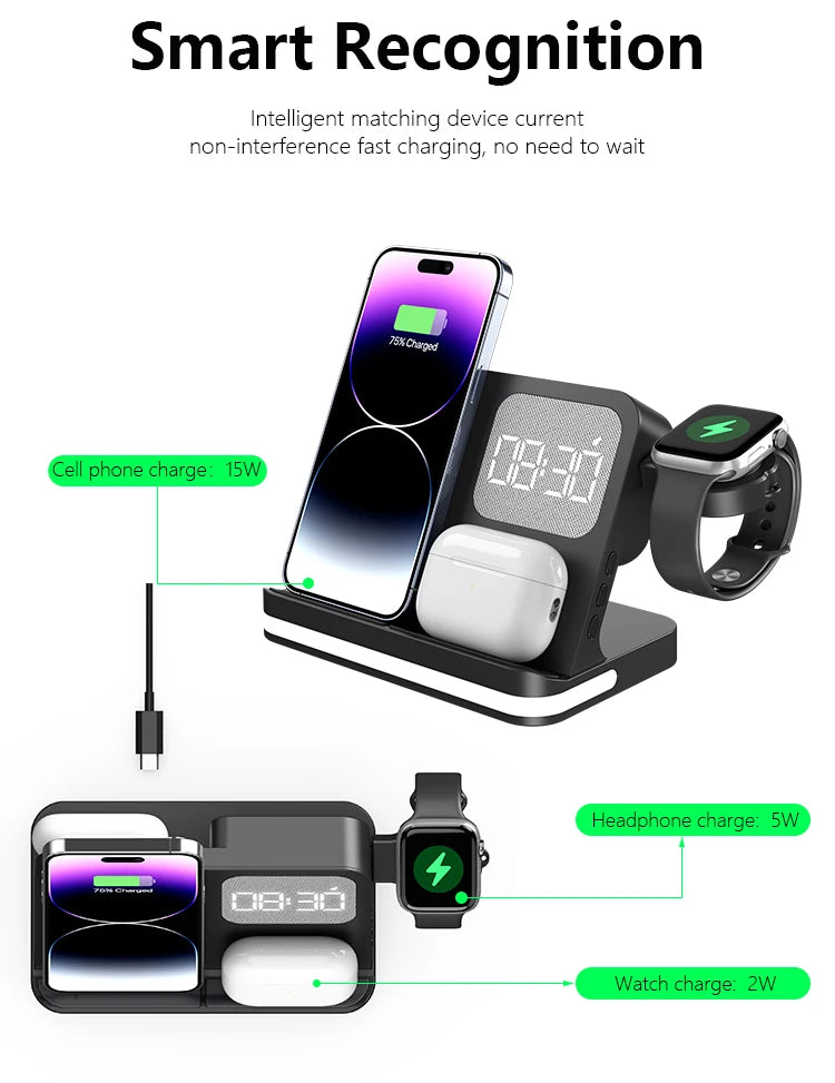 Clock, desktop, mobile phone, headphones, watch, wireless charger, both entertainment and charging not wrong