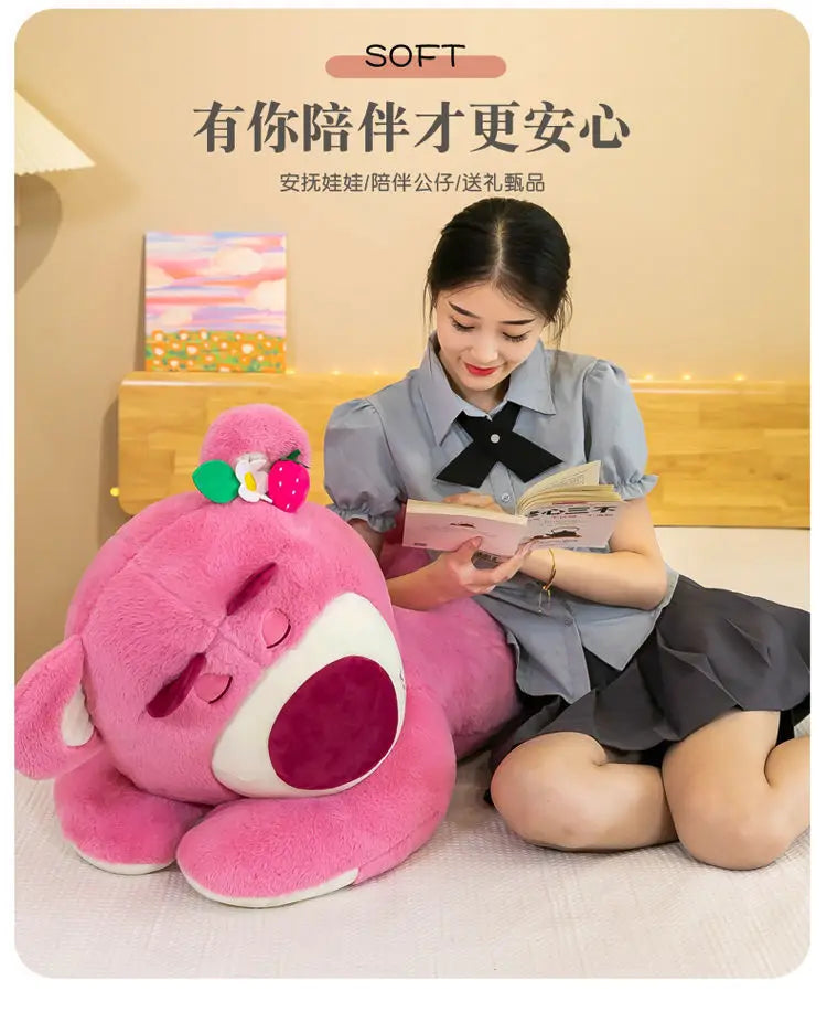 Kawaii Strawberry Bear Plush Stuffed Animal Lying Down Pillow