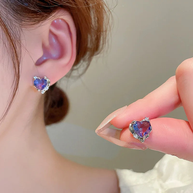 Simple Fashion Purple Crystal Heart Stud Earrings for Women Exquisite LOVE Small Earring