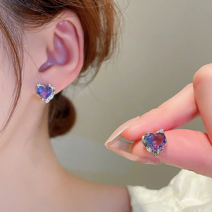 Simple Fashion Purple Crystal Heart Stud Earrings for Women Exquisite LOVE Small Earring