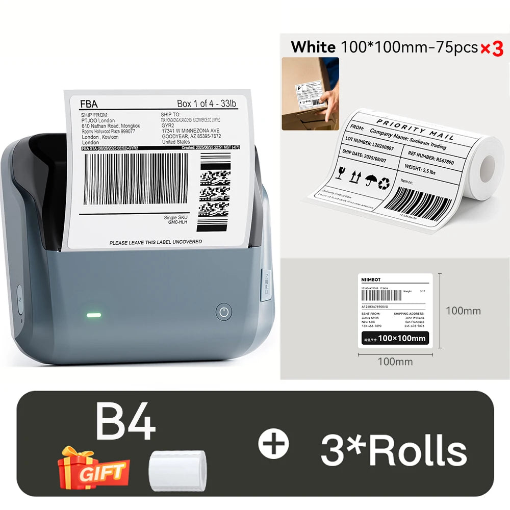 B4 Thermal Label Printer, Wireless Bluetooth Label Maker 20–110mm, Portable Barcode & Shipping Label Printer for Business & Office