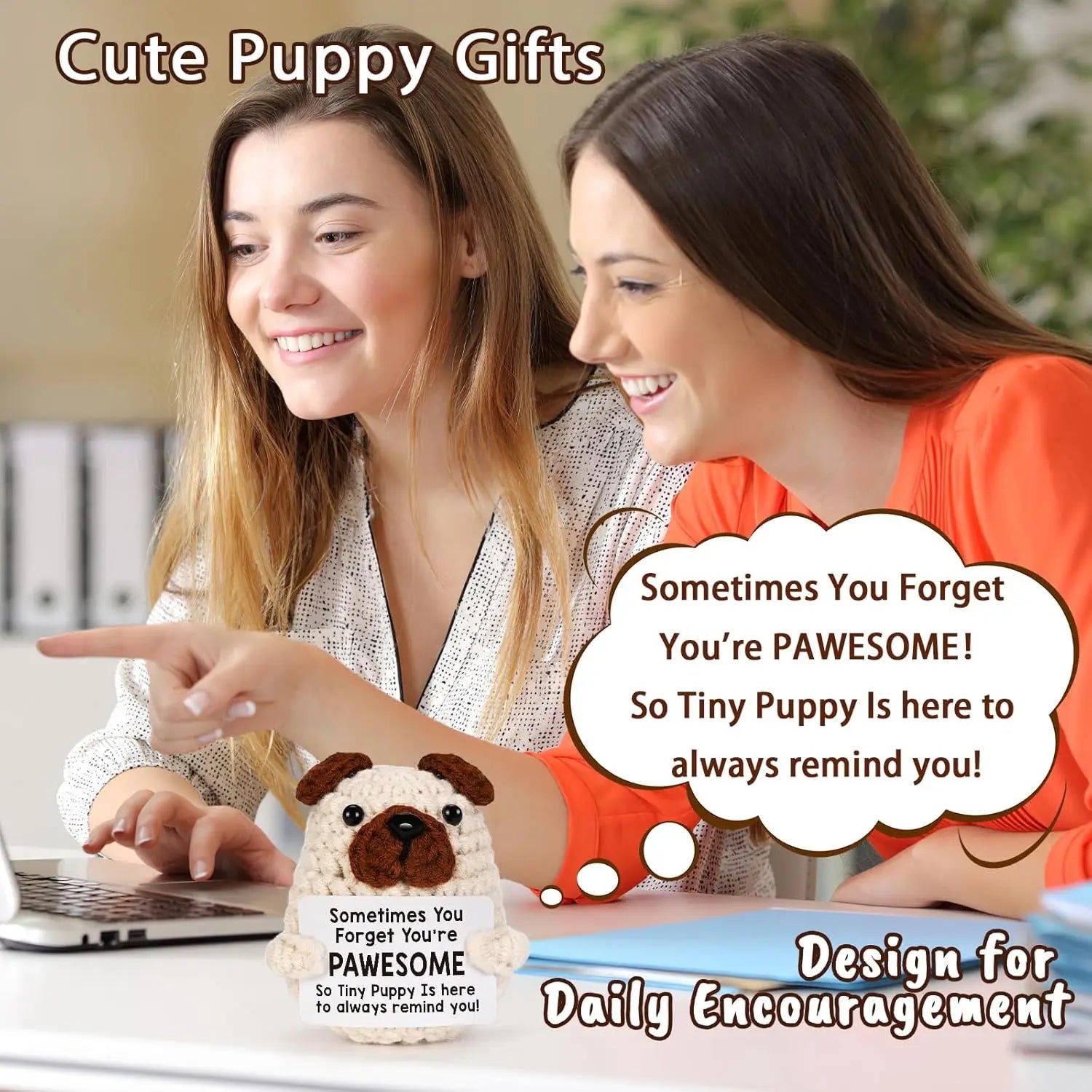 3 Pcs Funny Crochet Positive Energy Puppy With Card Desktop Ornament Handmade Knitted Emotional Support Dog doll Home Room Decoration