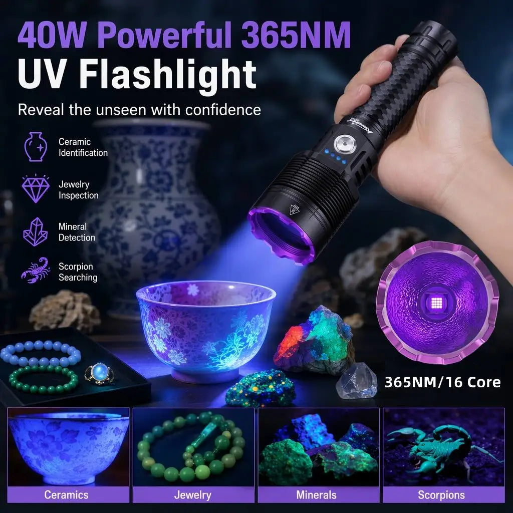 40W 365nm UV Rechargeable Blacklight Flashlight