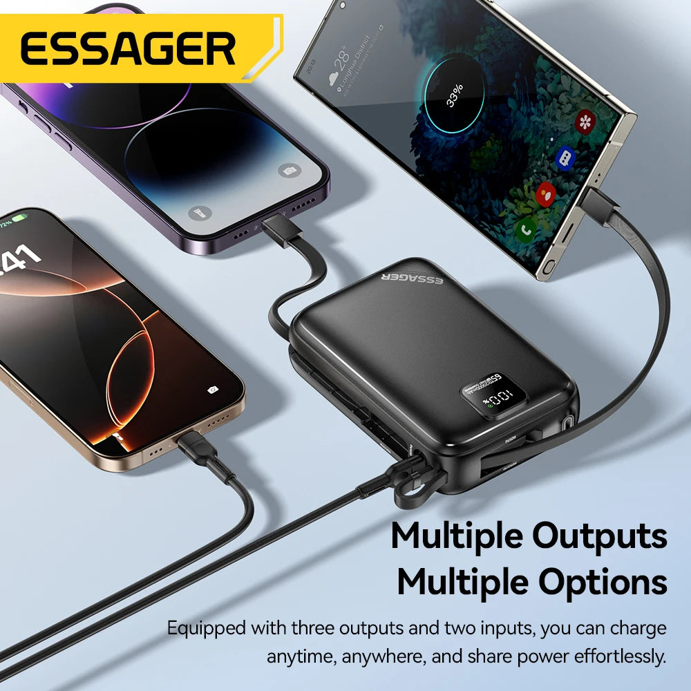 20000mAh 65W Power Bank PD Fast Charging USB-C Portable Charger with Built-in Cables & Digital Display