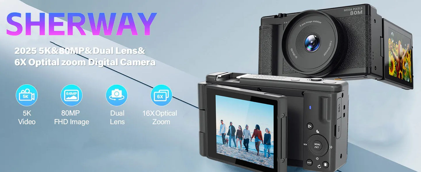 5K 80MP Digital Camera with 6-Axis Stabilization, 270° Flip Screen & 18X Zoom for Vlogging Photography