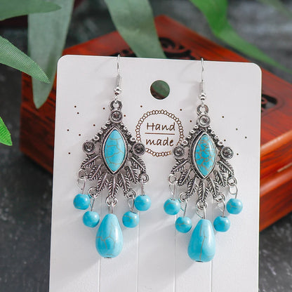 Vintage Bohemian Multiple Leaves Drop Earrings Natural Stone Beads Water Droplets Tassel Dangle Earrings