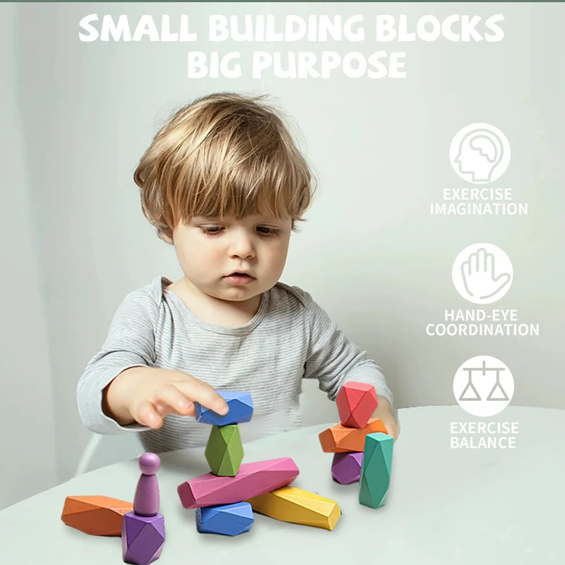 Wood Rainbow Stones Block Colorful Wooden Building Block Rainbow Stacker Balancing Stone Montessori Educational Toy Children