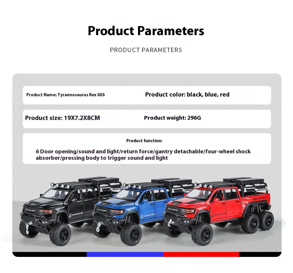 ﻿1:32 Dodge Tyrannosaurus Rex RAM 1500 TRX 6*6 Warlord Alloy Miniature Car Diecast Metal Scale Model Sound ＆ Light Toy Car