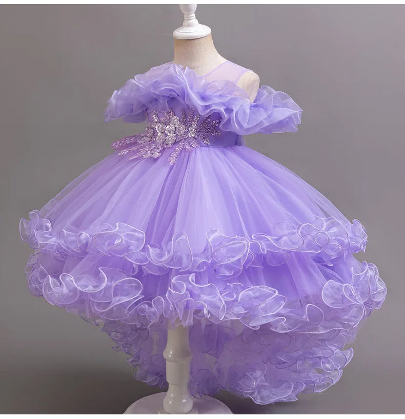Luxury Off-Shoulder Girls' Dress - Convertible Tulle Ball Gown for Birthday Parties & On-Stage Events