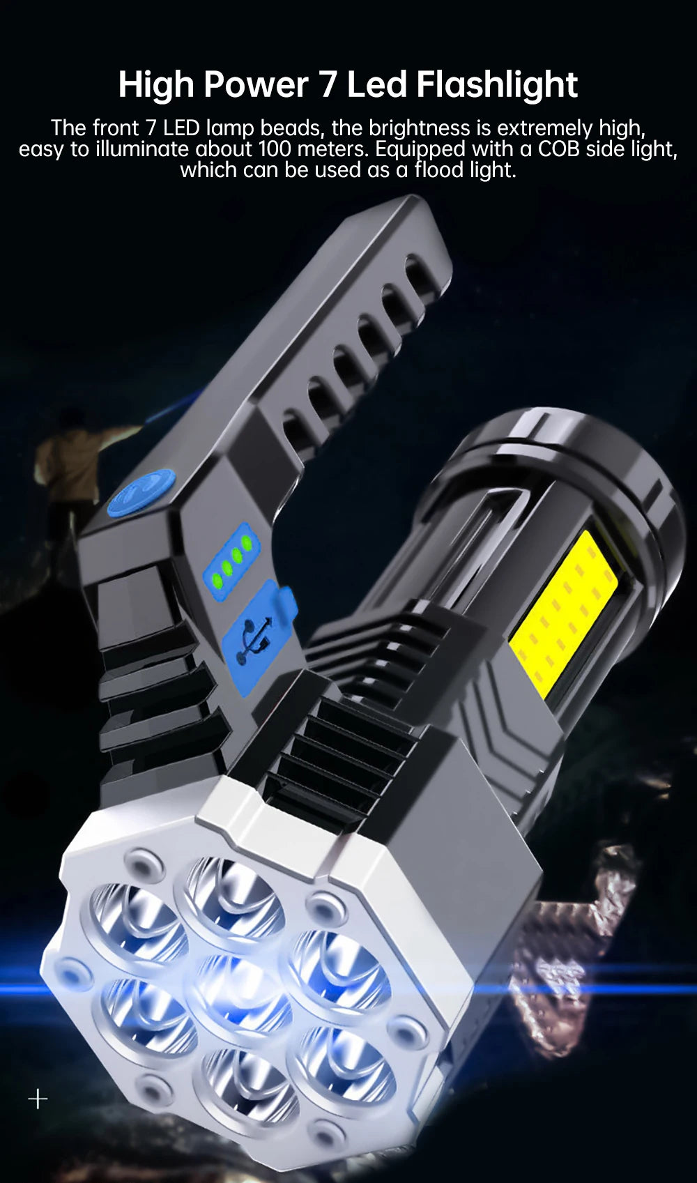 High Power 7 LED Flashlight Rechargeable USB Torch with COB Side Light Portable Outdoor Work Lamp