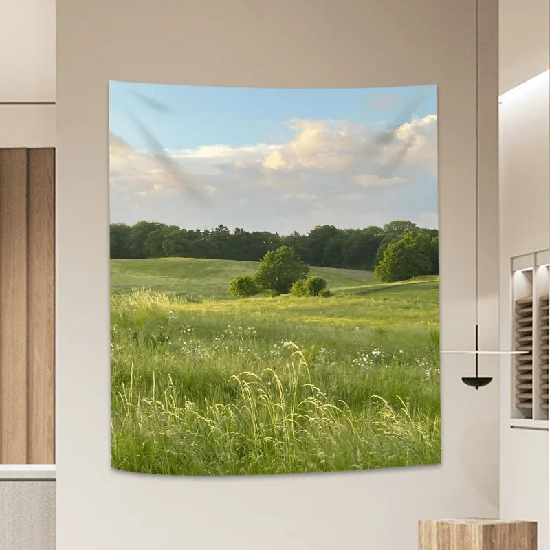 Rustic Landscape Tapestry Layered Petals & Grass Texture Living Room Sofa Accent Wall Room Decor Cozy Home