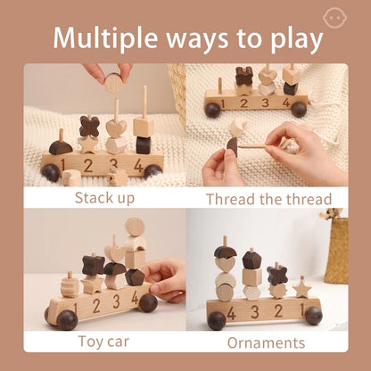 Montessori Thread Toys for Children Educational Baby Puzzle Interactive Toy Car for Kids Different Shapes Wooden Building Blocks