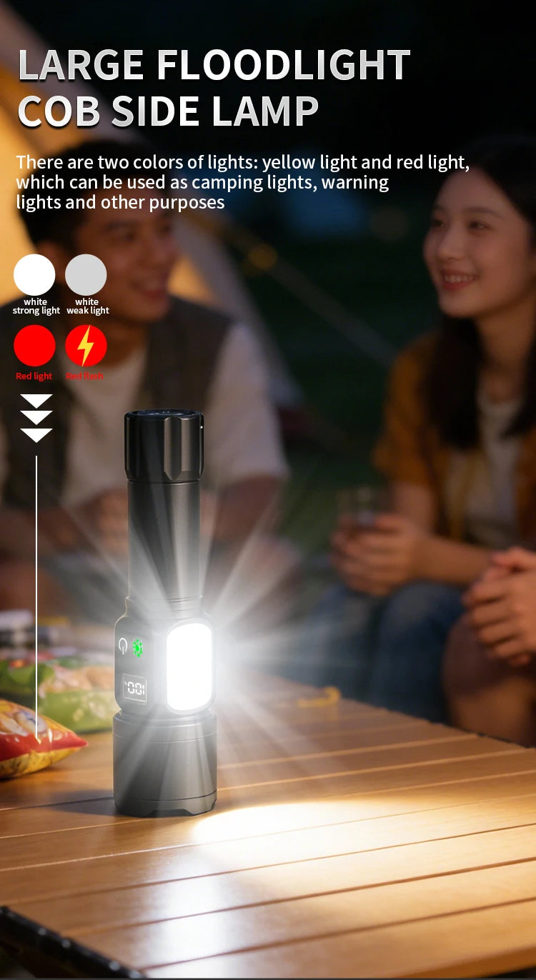 White Laser High Power Rechargeable LED Flashlight with Digital Display Magnet COB Side Light Zoom Torch