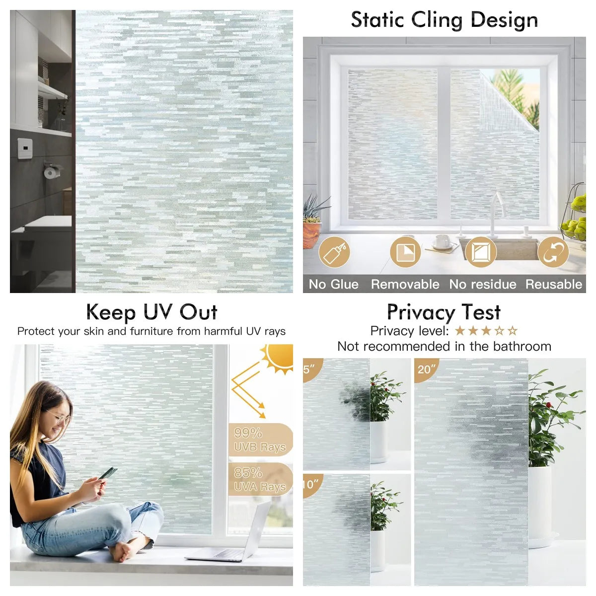 Gray Matte Window Film Privacy Stained Glass Film Static Cling Self Adhesive Film Frosted UV Protective Glass Vinyl for Home