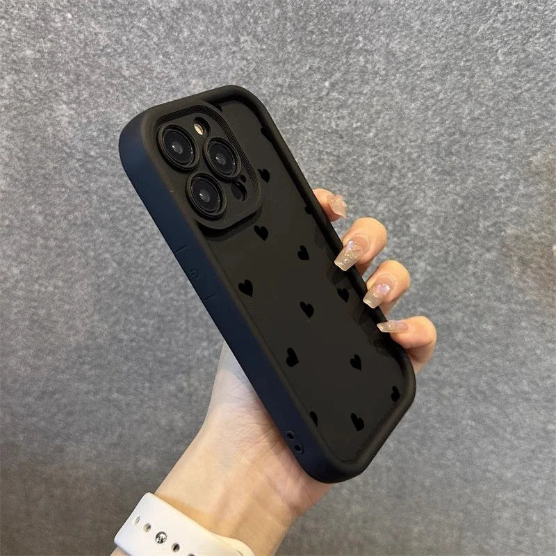 Black Love Heart Soft Matte Phone Case For iPhone 17 Air 14 Pro 16E Plus Cover For iPhone 15 16 17 Pro Max Cases