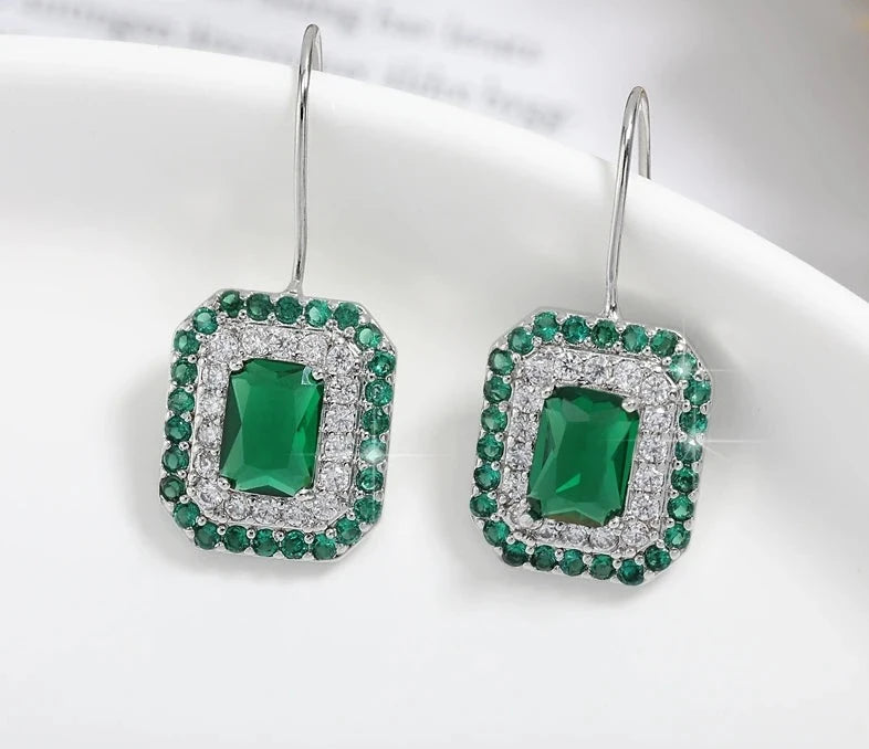 Square Green Zirconia Hook Earrings for Women Simple Geometric Rectangle CZ Earring