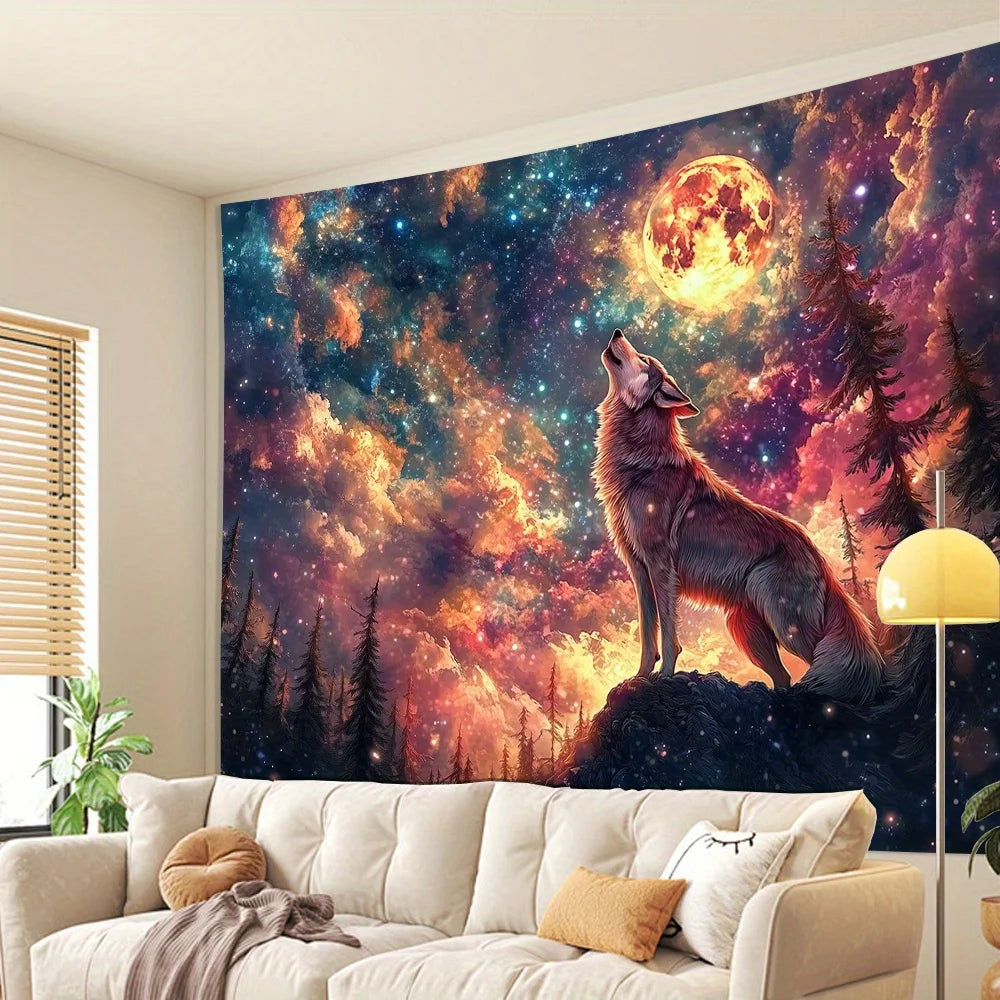 Wolf King Howling at the Moon Tapestry Starry Sky Gradient Living Room Feature Wall Nordic Style Bedroom Decor