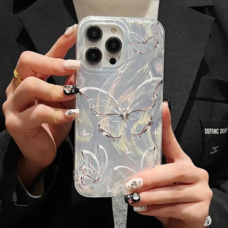 For iPhone 14 15 16 17 Pro Max Case Luxury Laser Silver Butterfly Phone Case for iPhone