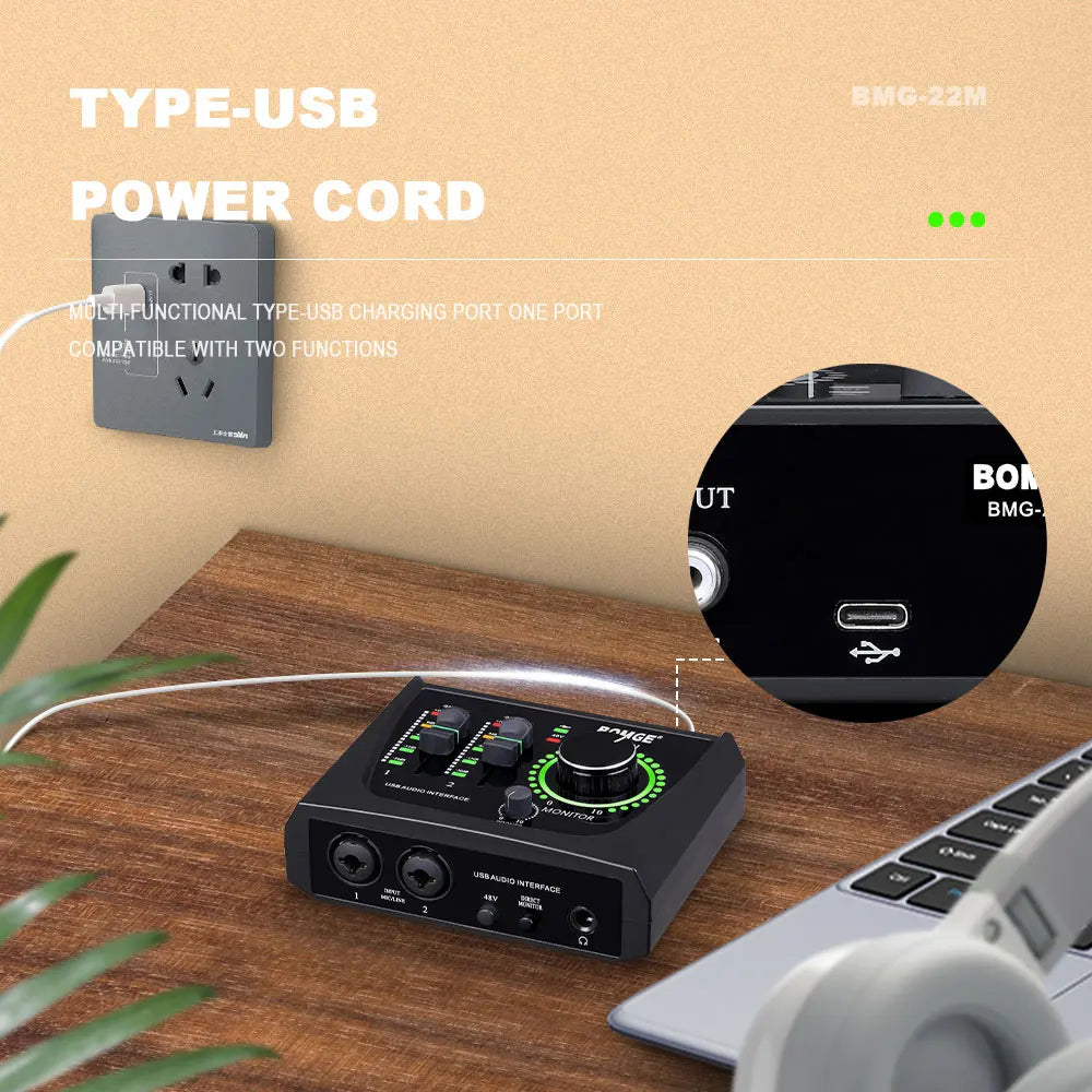 Mini 2 Channel USB Audio Interface with 48V Phantom Power for Recording and Streaming