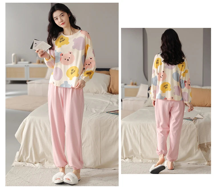 Women’s Cute Lazy Style Cotton Pajama Set – Soft, Loose Long Sleeves & Pants