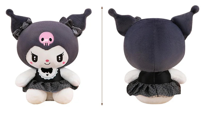 Kawaii Kuromi My Melody Plush Toy with Black Bow Skirt Cute Hello Kitty Stuffed Doll for Kids Birthday Xmas Gift Large Size Toy