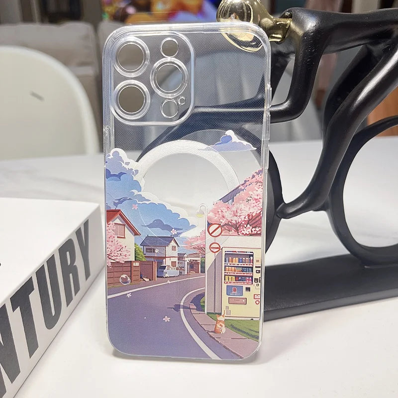 Hand Painted Anime Tram  Case for iPhone 16 15 14 Plus Magsafe Wireless Charge Cover