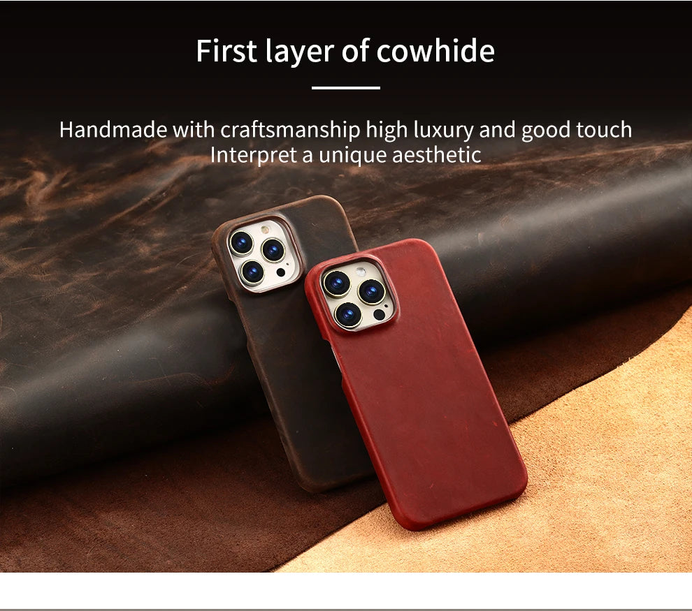 Retro Cowhide Phone Case for iPhone 16 15 14 Pro Max 16Pro 14Pro 15Pro Luxury Crazy Horse Genuine PULL-UP Leather Back Cover