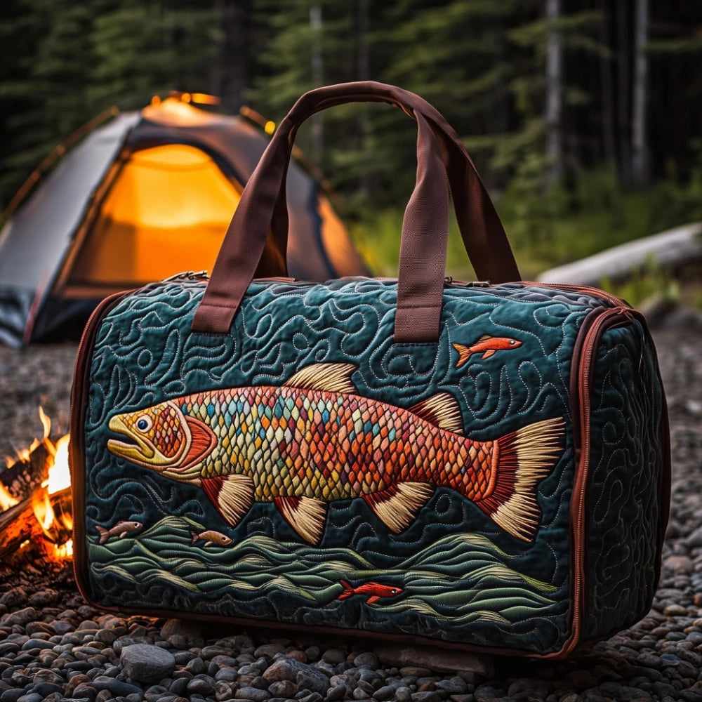 Trout Fishing Quilted Duffel Bag Outdoor Waterproof Gear Bag with 3D Fish Printed Camping Weekender Bag for Anglers Men's Gift