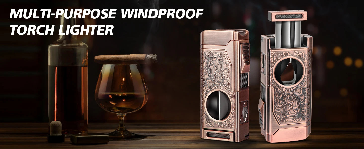 Cigar Lighter 4 Jet Flame, Refillable Butane Lighter with Cigar Cutter V Cut Cigar Punch Cigar Holder Cigar Draw Enhancer