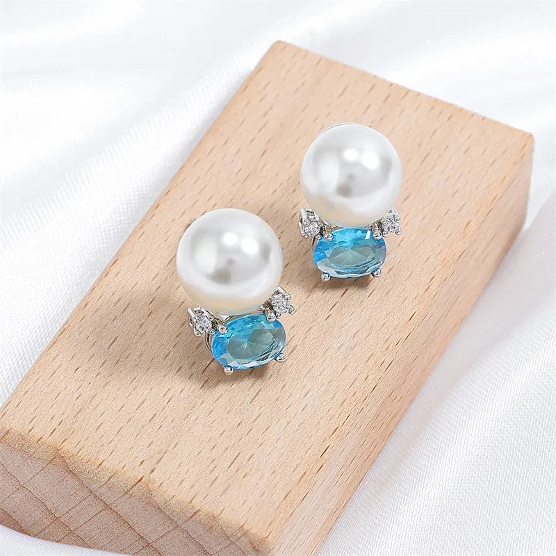 Cute Blue Oval Cubic Zirconia Stud Earrings for Women Small Imitation Pearl Earring