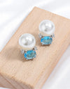 Cute Blue Oval Cubic Zirconia Stud Earrings for Women Small Imitation Pearl Earring