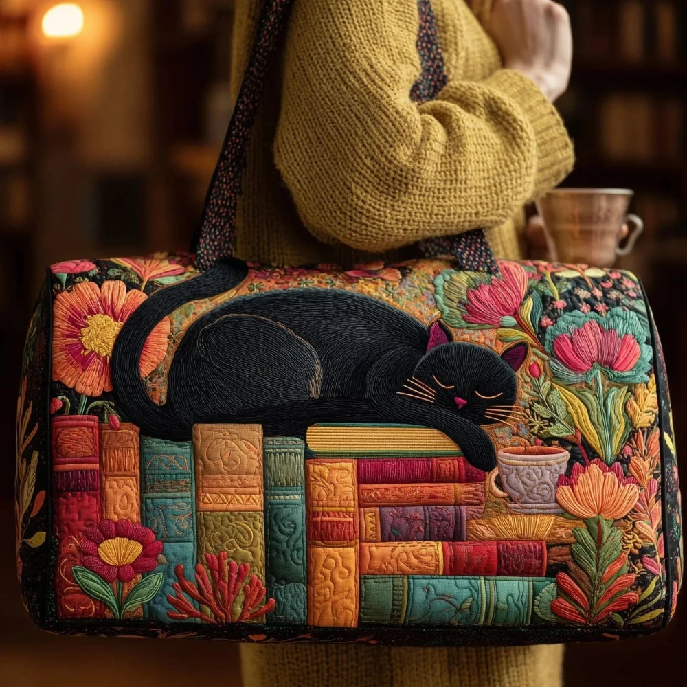 Cute 3D Quilted Cat Tote Bag Halloween Pumpkin Fall Leaves Floral Print Unique Travel Handbag Gift for Cat Lovers Shoulder Purse