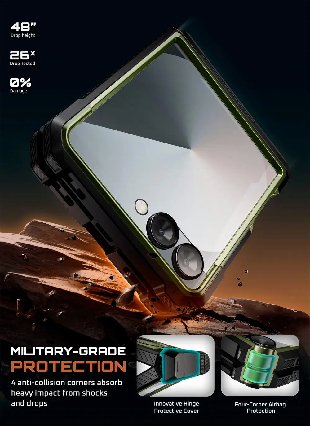 For Samsung Galaxy Z Flip 7 Case UB Grip Military-Grade Rugged Back Phone Case with Stand & Front Screen Protector