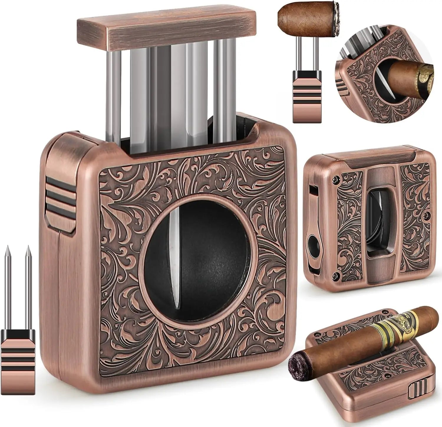 Cigar Cutter,4 in 1 Multifunction V Cut Cutter with Cigar Punch,Cigar Holder & Twin Nubber,Suitable for Max 60 Ring Gauge Cigars