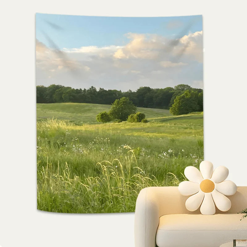 Rustic Landscape Tapestry Layered Petals & Grass Texture Living Room Sofa Accent Wall Room Decor Cozy Home
