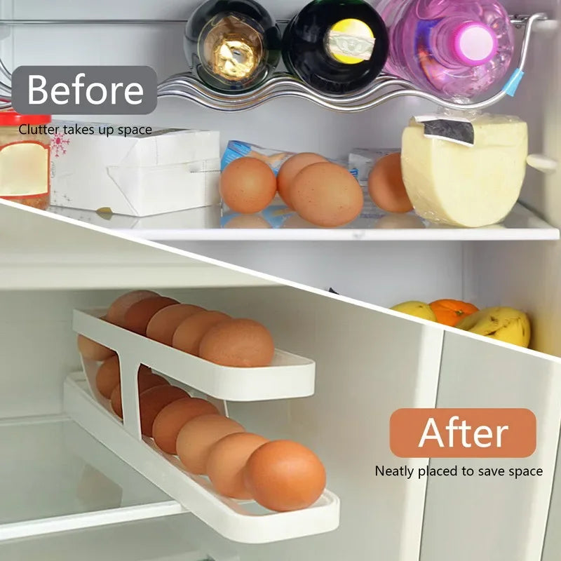 Automatic Rolling Egg Holder Rack – Refrigerator Egg Storage Box Kitchen Fridge Organizer