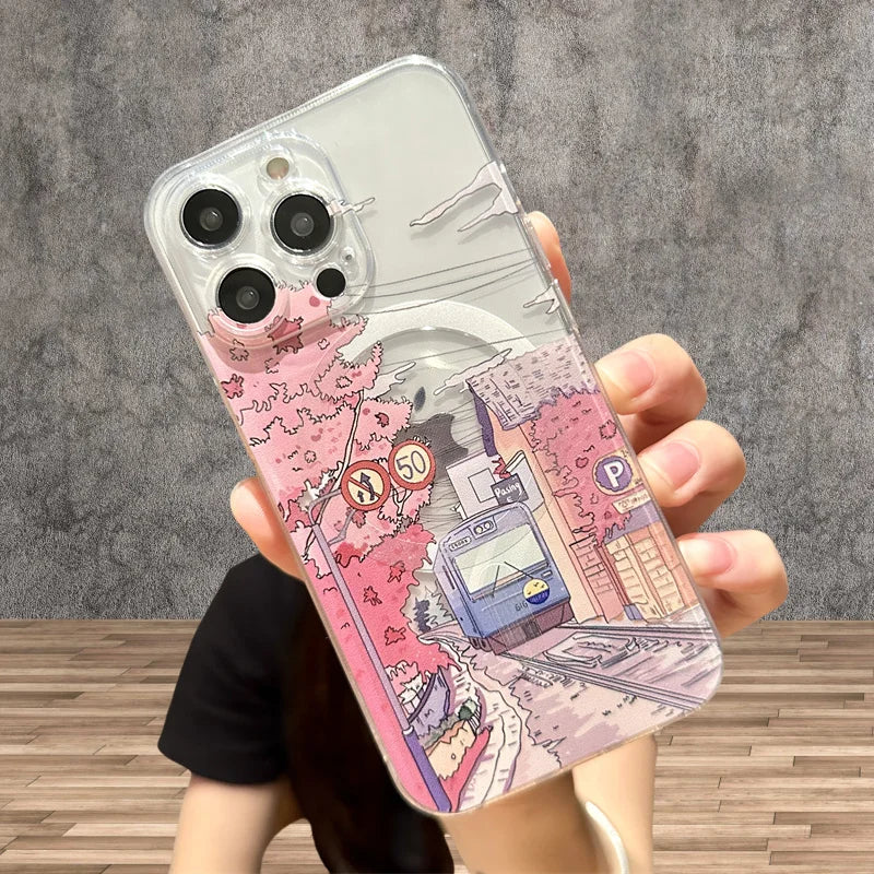 Hand Painted Anime Tram  Case for iPhone 16 15 14 Plus Magsafe Wireless Charge Cover