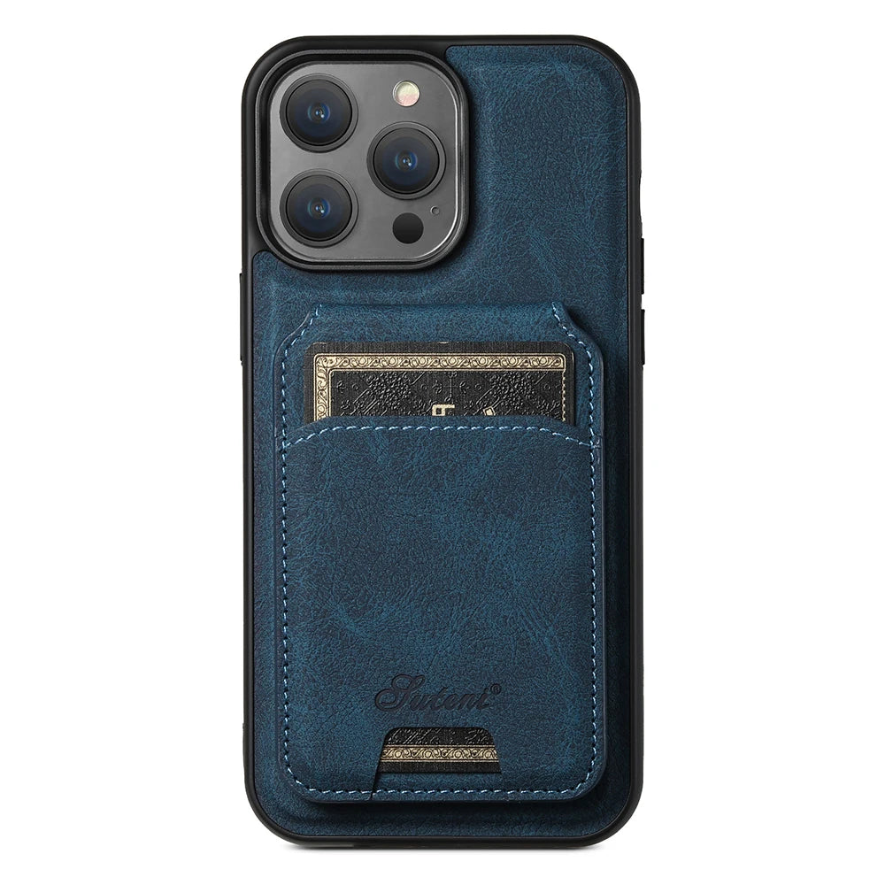 Leather for Magsafe Case for iPhone 16 15 Pro Max 16e 14 Plus 16Plus Bracket Magnetic Back Cover with Card Holder