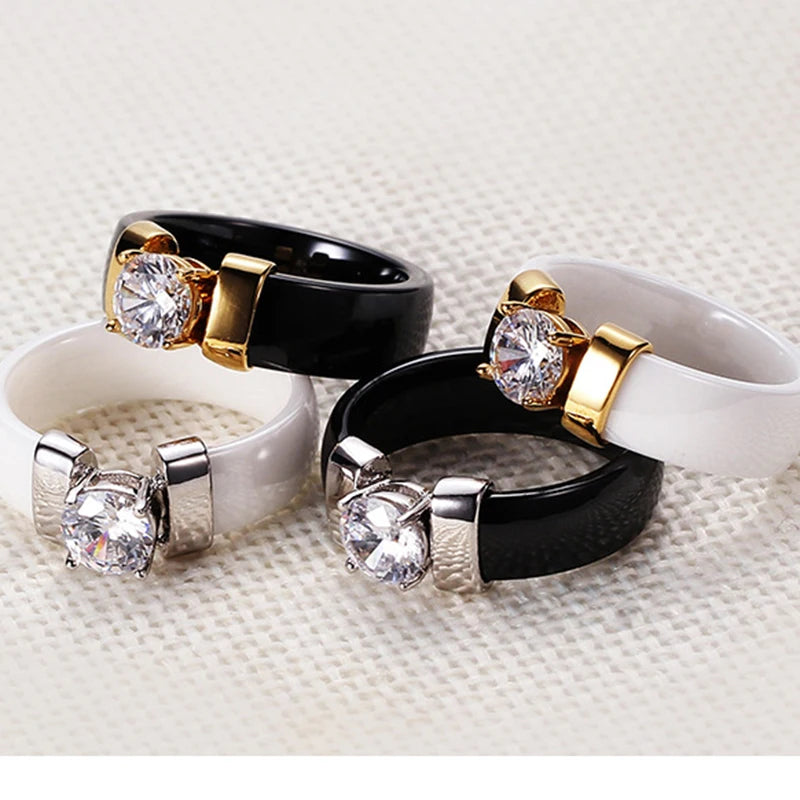 White Black Ceramic Rings For Women Wedding Ring Cubic Zircon