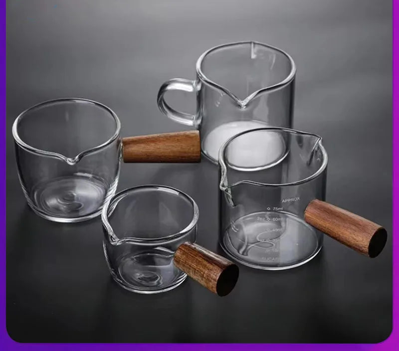 50/75/100/140ml Wood Handle Glass Espresso Measuring Cup Single Mouth Milk Jug Coffee Supplies Clear Kitchen Measure Mug