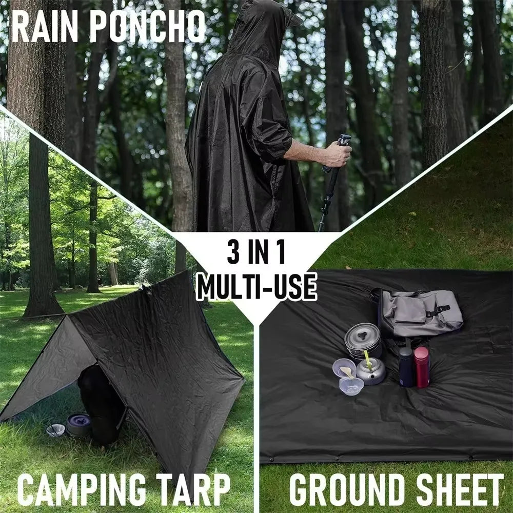 Three in One Waterproof Rain Poncho with Hood and Sleeves for Hiking