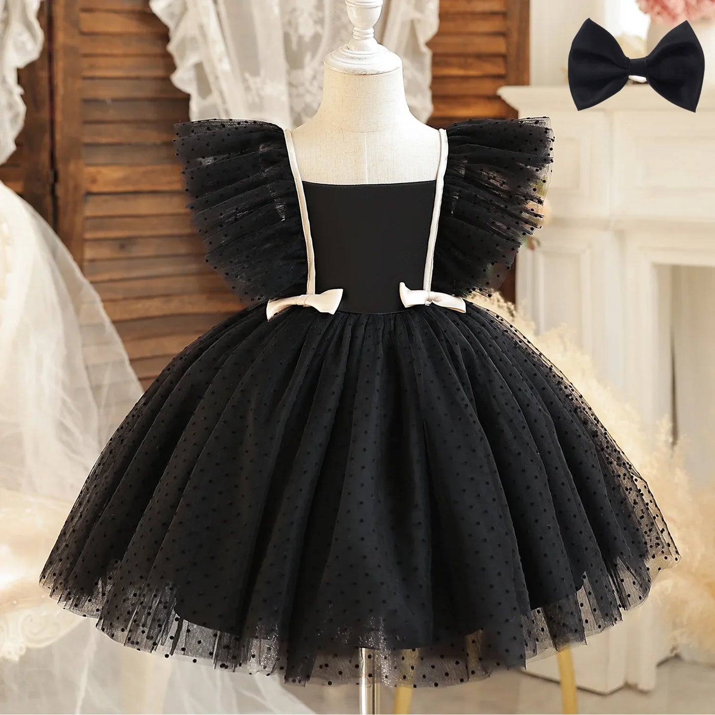 Girls Flying Sleeves Polka Dot Mesh Princess Dress Children Performance Fluffy Costume for Christmas New Year Party