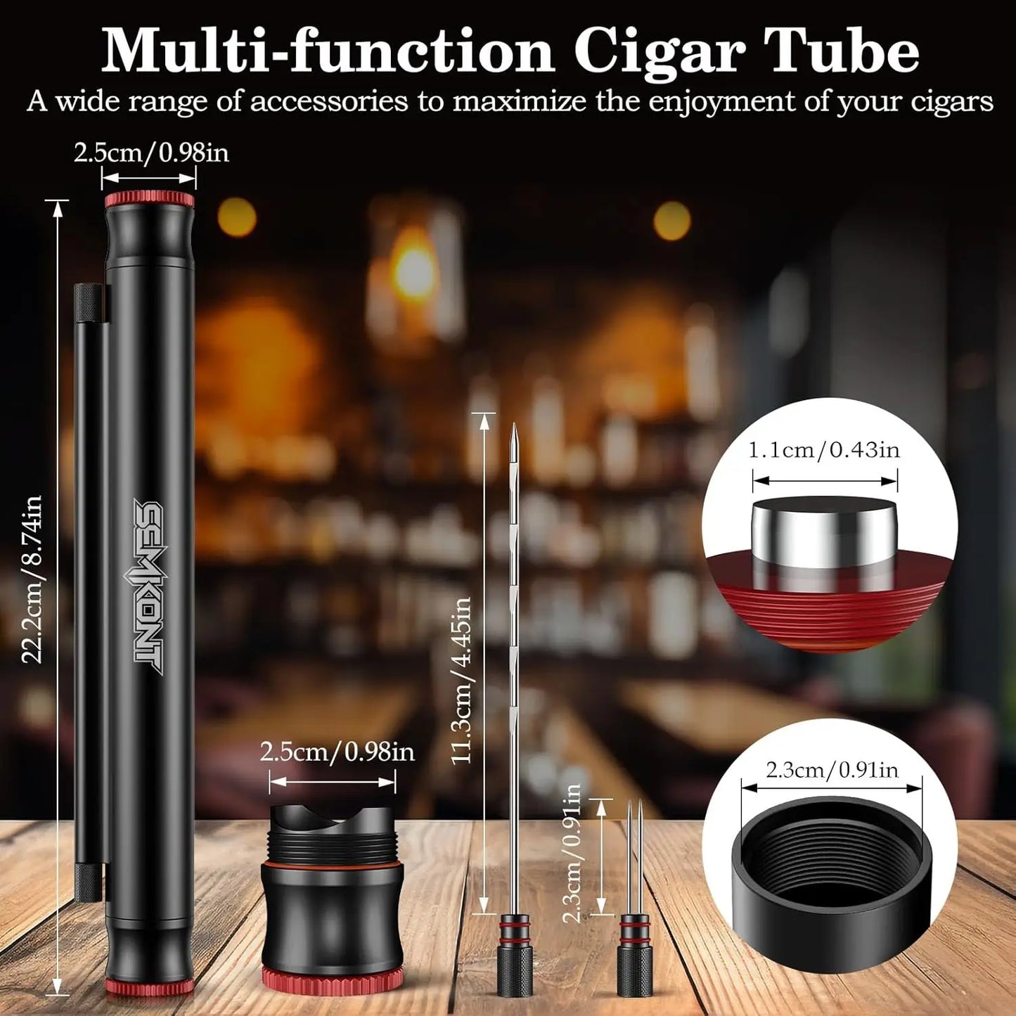 Travel Cigar Tube, Portable Aluminum Cigar Storage Tube Built in Humidifier, with Dual Cigar Punch Cigar Needle Cigar Holder