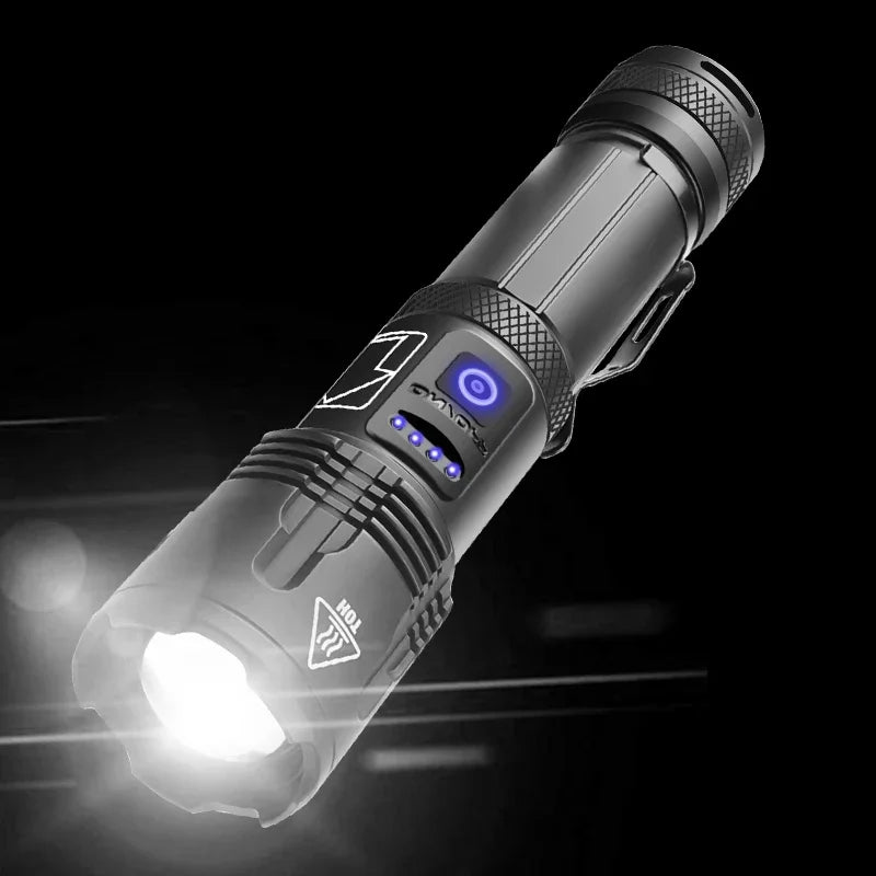 High Power Tactical Flashlight Rechargeable Zoom LED Torch with 5 Charging Modes Pen Clip